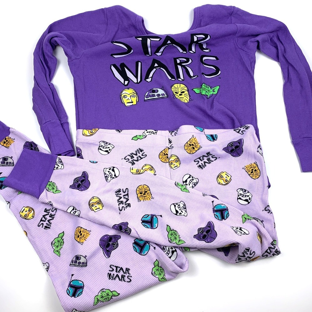 Star Wars Sleepwear Womens Sz L Purple C-3PO R2-D2 Chewie Yoda Long Sleeve Waffl